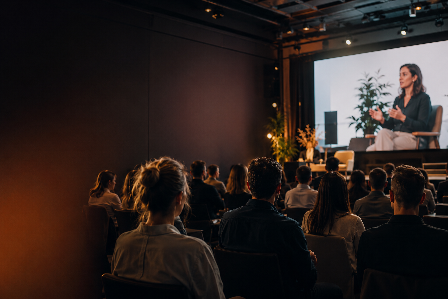 Audience seated at a professionally produced conference, watching a speaker on a large stage screen in a modern venue with cinematic lighting, representing the importance of high-quality digital event experiences for associations.