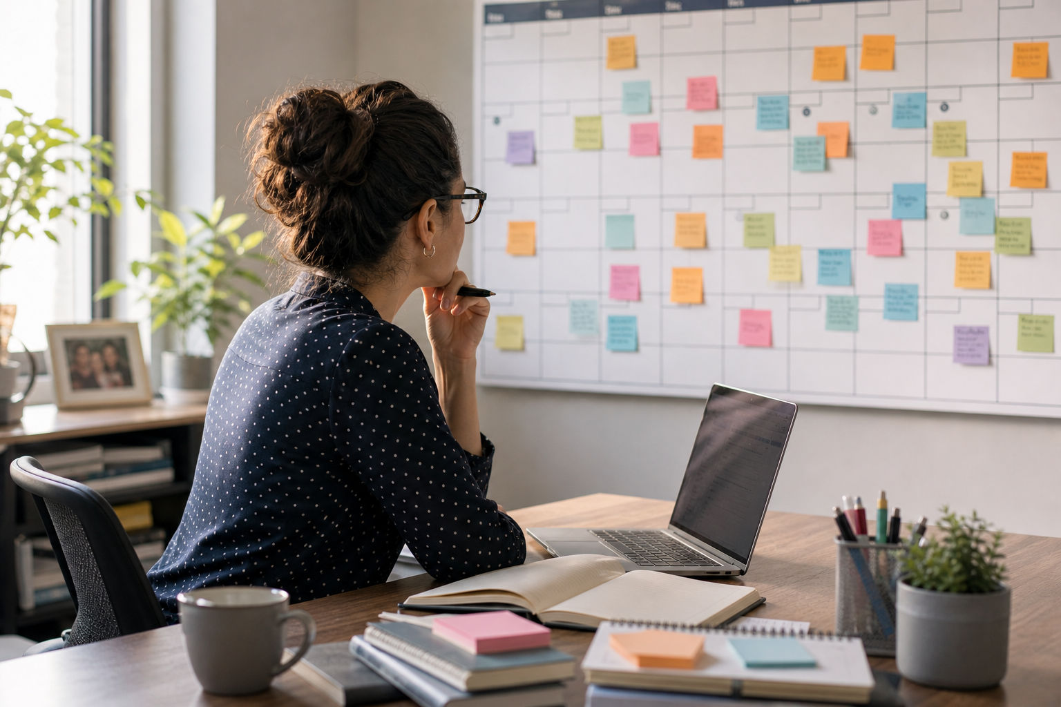 Internal communications manager planning a yearly broadcast calendar at their desk