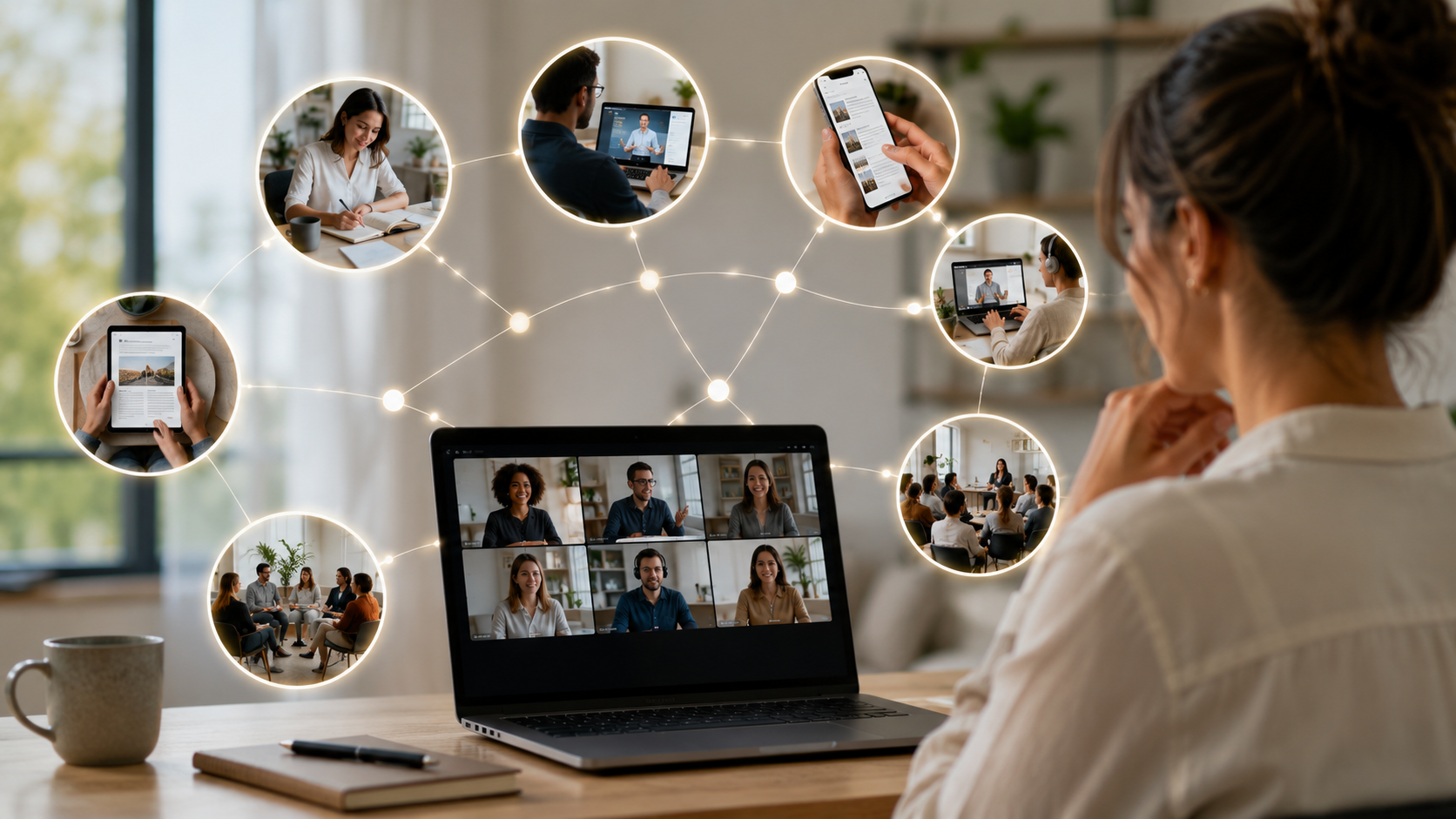 A professional working from a modern home office while seamlessly moving between live discussions, on-demand learning and collaborative conversations across multiple connected digital experiences, representing a joined-up member journey.