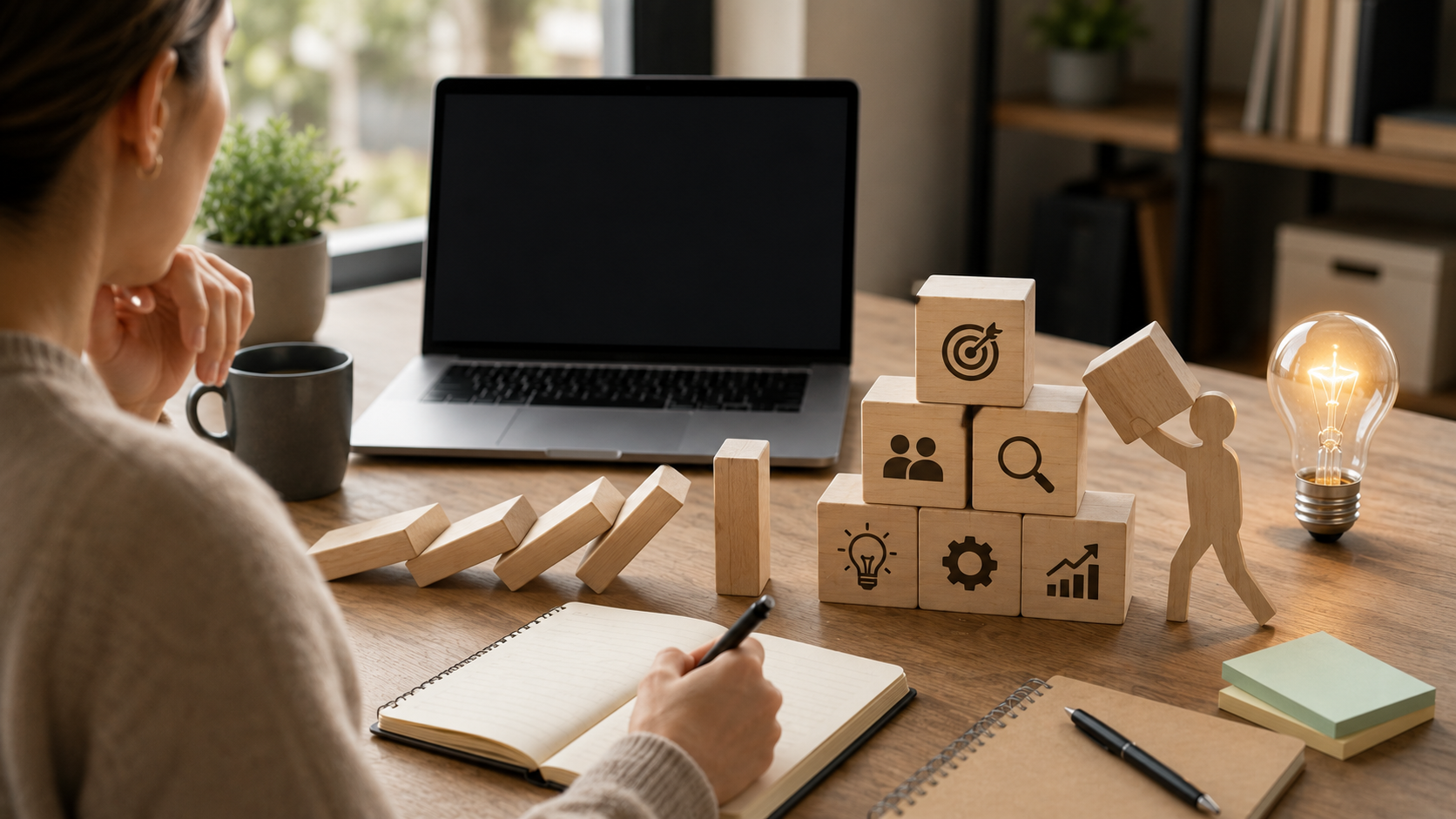 A professional sits at a desk thoughtfully planning ideas in a modern workspace, surrounded by notebooks, a laptop, and simple wooden blocks arranged to represent strategy, problem-solving, and building meaningful solutions.