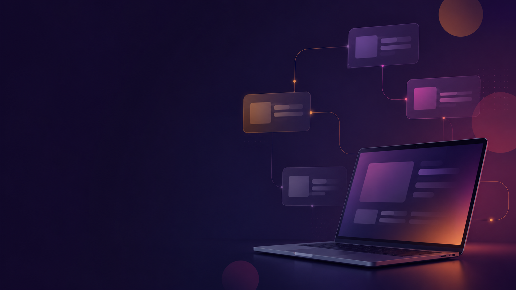 Illustration of a laptop connected to floating digital content cards, representing a year-round digital programme for association learning and virtual events.