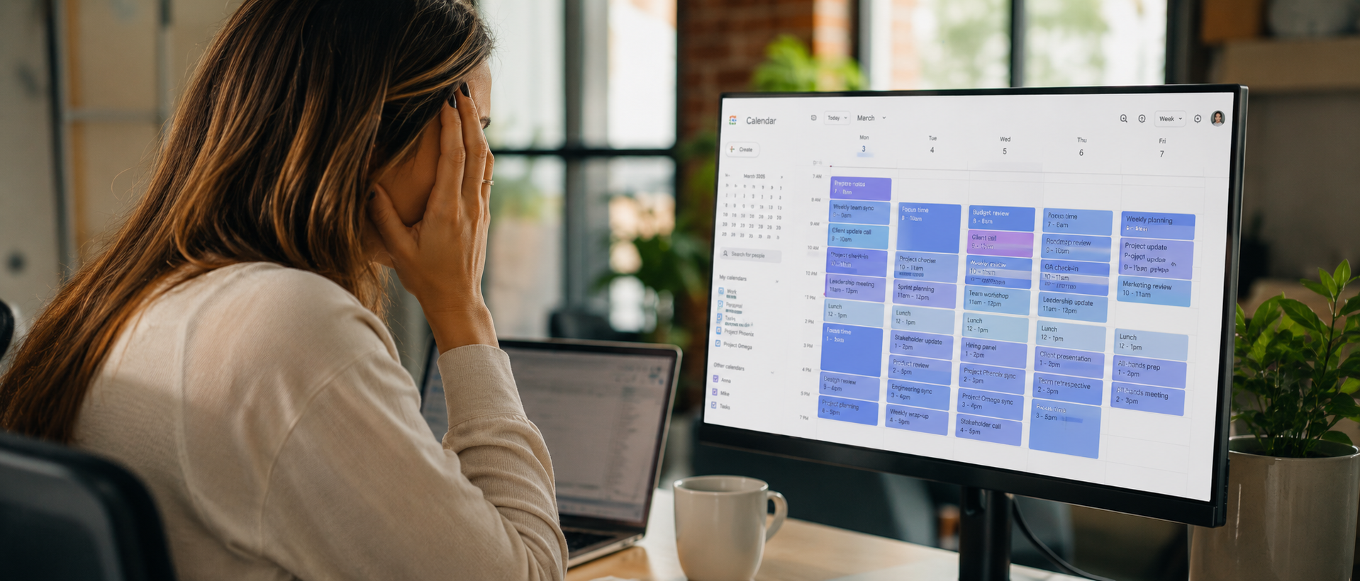 Professional experiencing meeting fatigue while reviewing a packed calendar of video calls