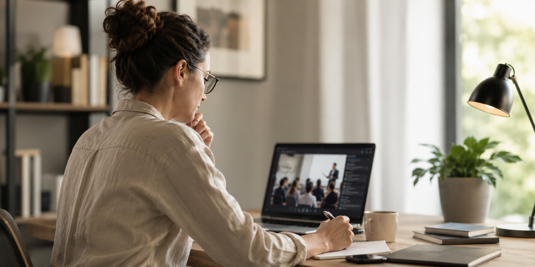Professional working from a bright, modern home office while watching an online presentation on a laptop, taking notes in a calm, organised workspace that reflects flexible, self-paced professional learning and accessible digital content.