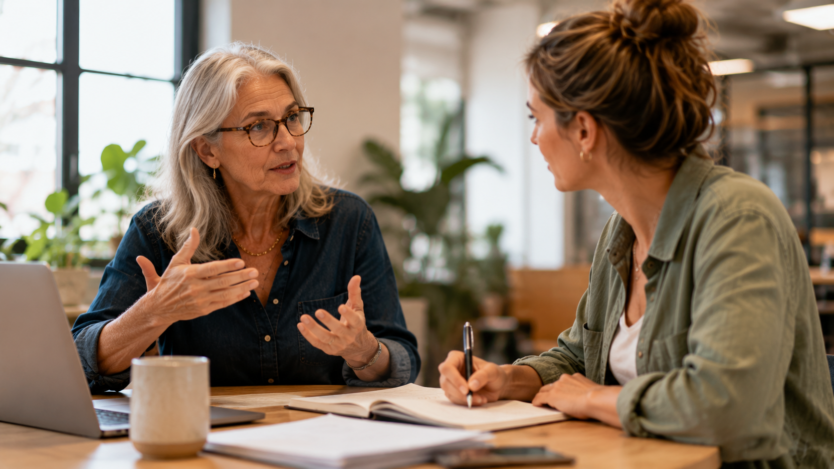 An experienced professional sharing knowledge with a younger colleague in a bright, modern office, while the younger professional listens attentively and takes notes, representing the transfer of expertise, mentorship and preserving valuable knowledge for the future.