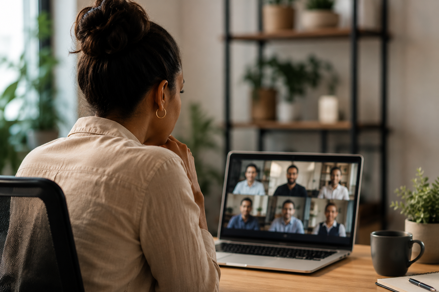 Professional team participating in a remote leadership broadcast from multiple locations using webinar technology for internal communications.