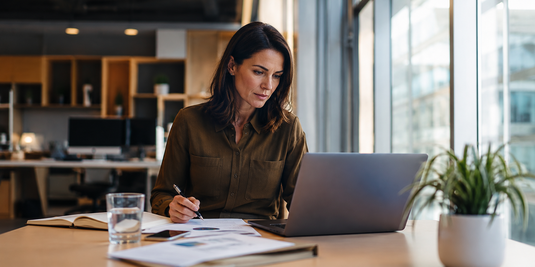Internal communications manager reviewing compliance reporting and audit trail data for a regulated industry broadcast