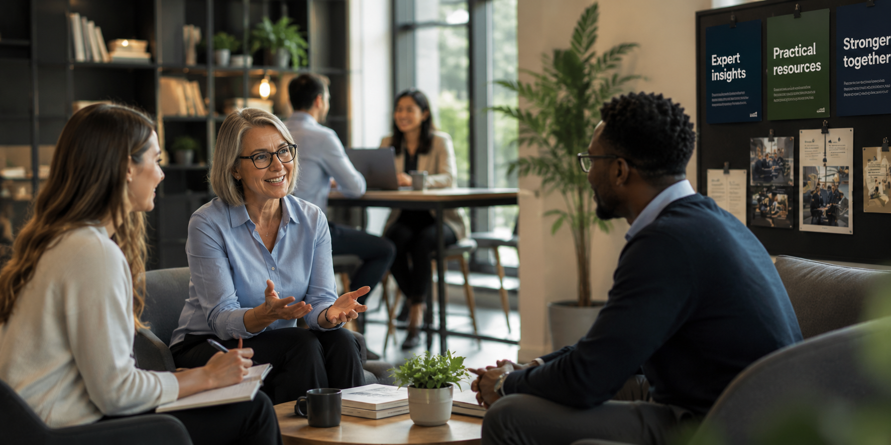 Association professionals in a relaxed collaborative discussion, sharing ideas and expertise in a modern workspace, representing the ongoing conversations and knowledge exchange that keep members engaged between major events.