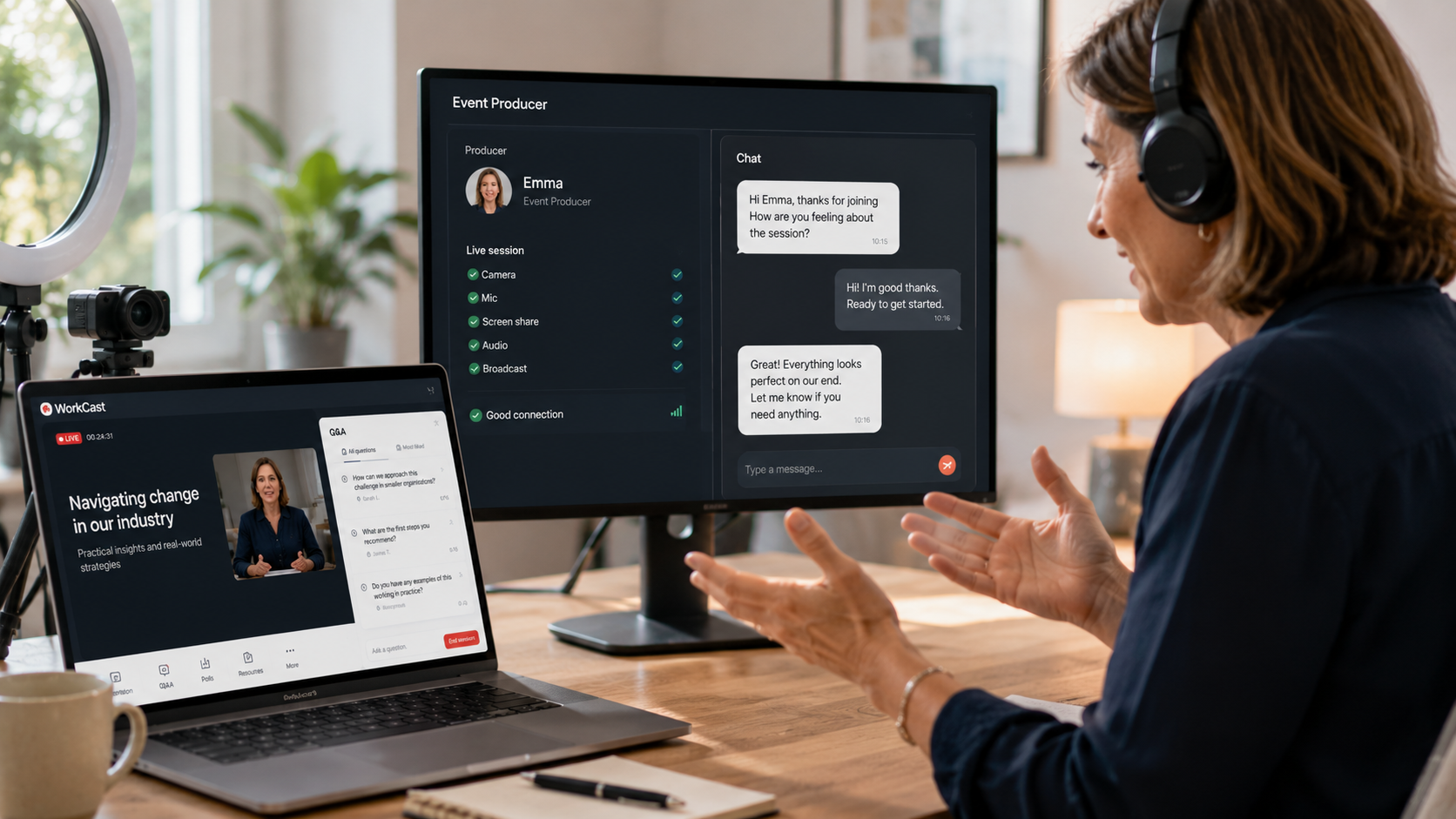 An industry expert presenting from a home office while being supported through a professional webinar platform, illustrating how the right digital tools make it easier to share expertise, engage members and extend the impact of every knowledge-sharing session.
