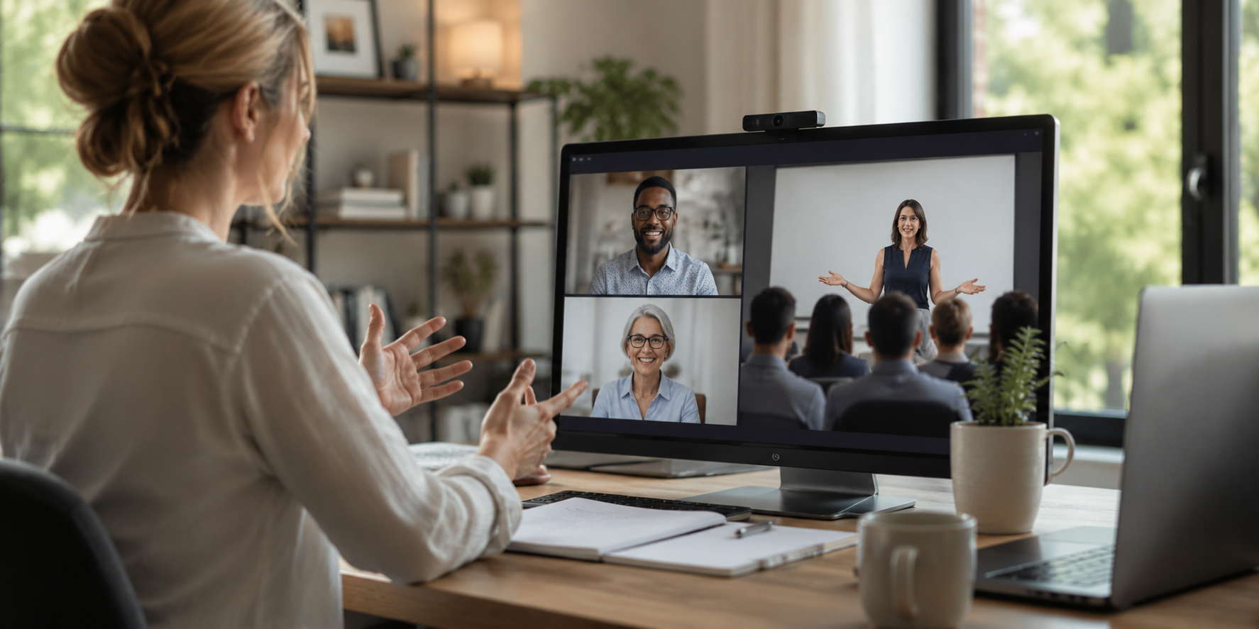 Professional participating in a virtual webinar from a modern home office while multiple presenters and attendees join remotely, representing how a single digital event can deliver value to members, sponsors, and teams through engaging online experiences.