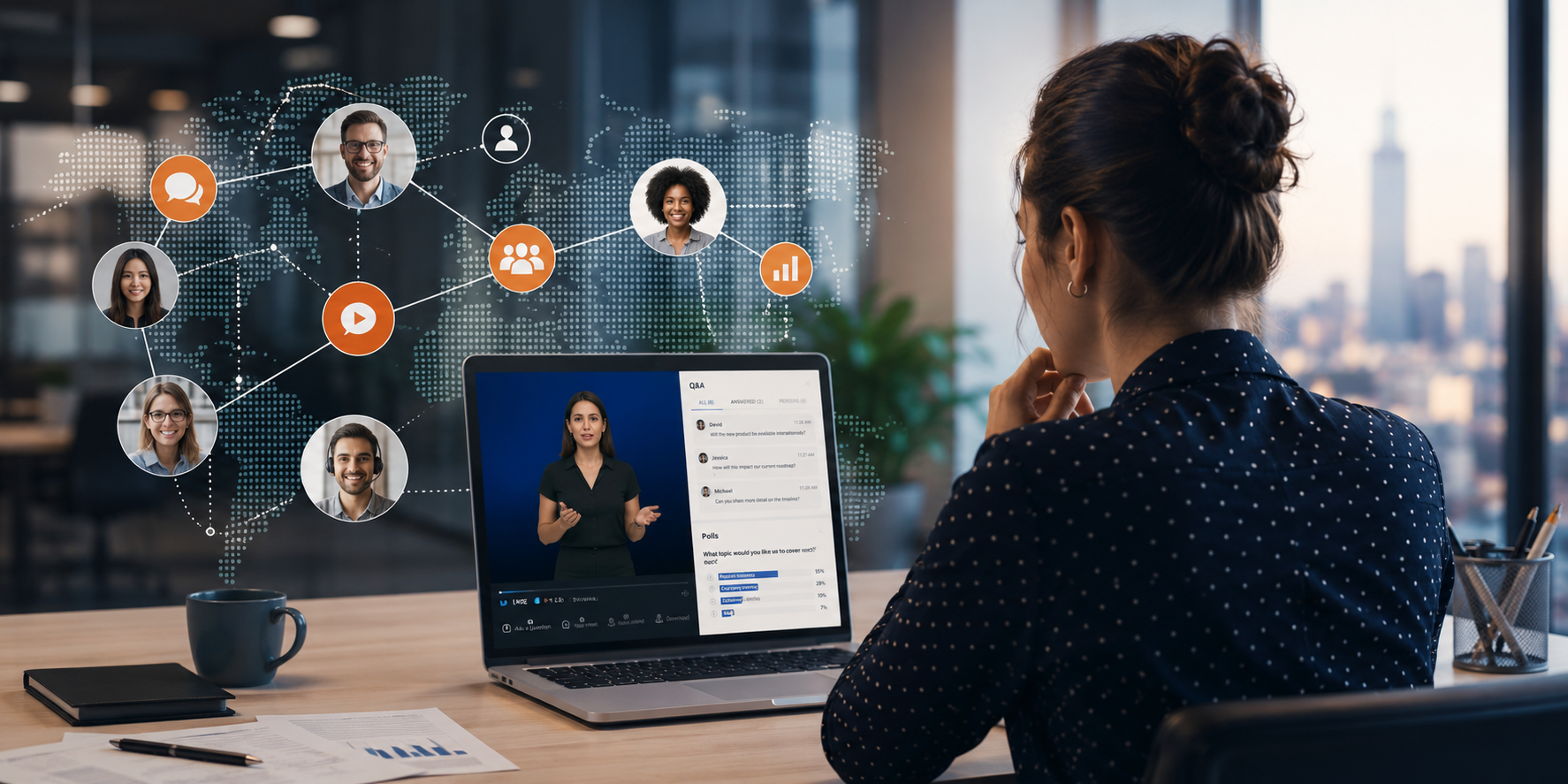 Internal communications manager viewing a company-wide leadership broadcast on a laptop, illustrating scalable employee communication for growing organisations.