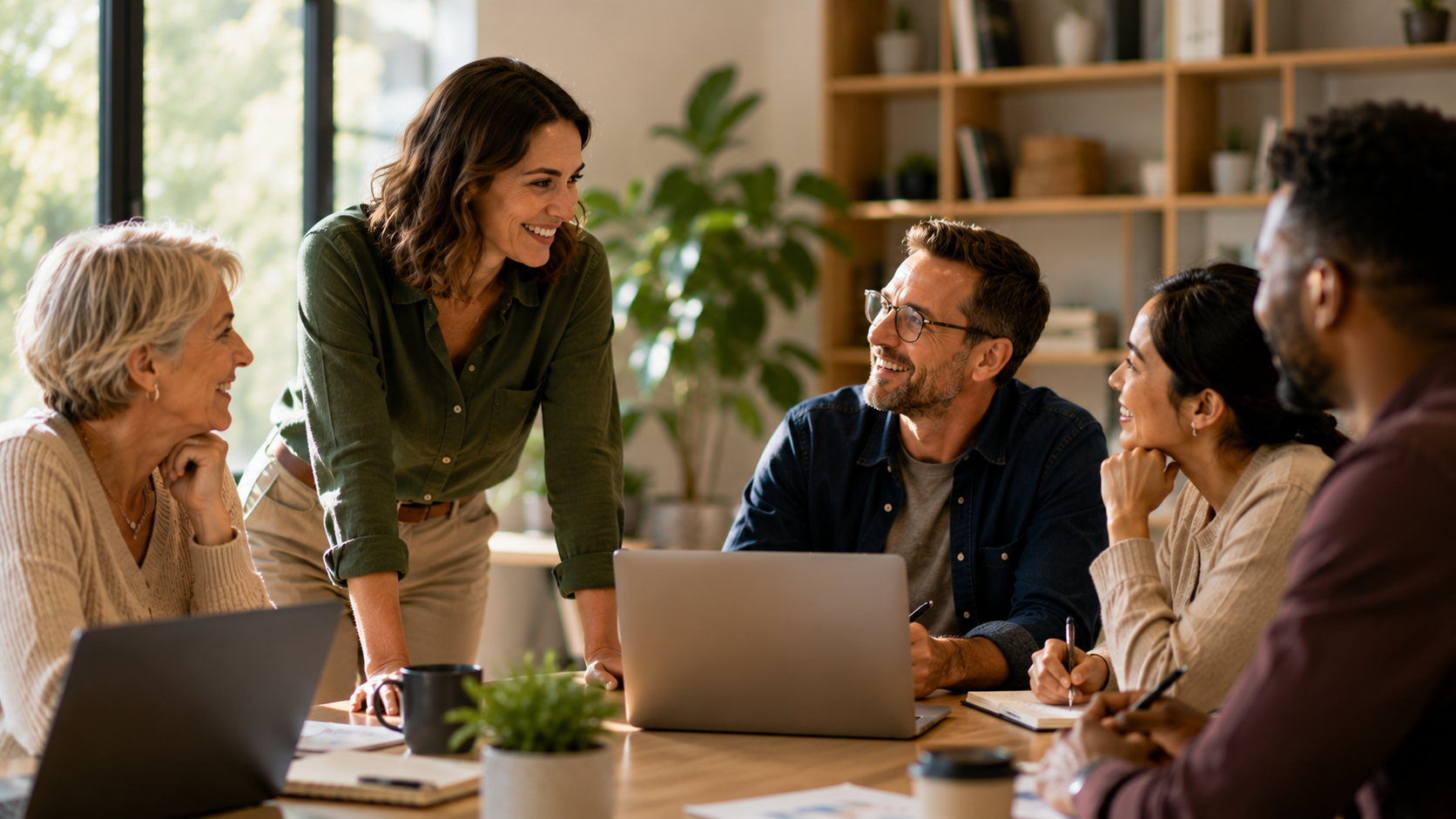 A small team of professionals collaborating around a table in a bright, modern office, sharing ideas and working closely together in a relaxed, supportive environment, representing the agility, strong relationships and collaborative culture that help smaller associations create exceptional member experiences.