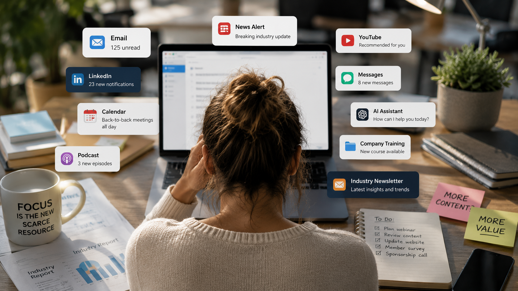 A busy professional working at a laptop while surrounded by emails, meetings, news alerts, AI tools and other digital distractions, illustrating the constant competition for members' attention that associations face in today's information-rich world.
