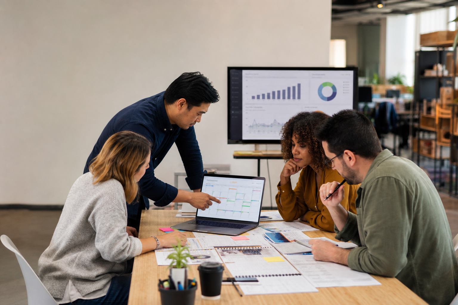 A real marketing/events team using AI to coordinate campaigns, event planning, and performance analysis in a modern office.