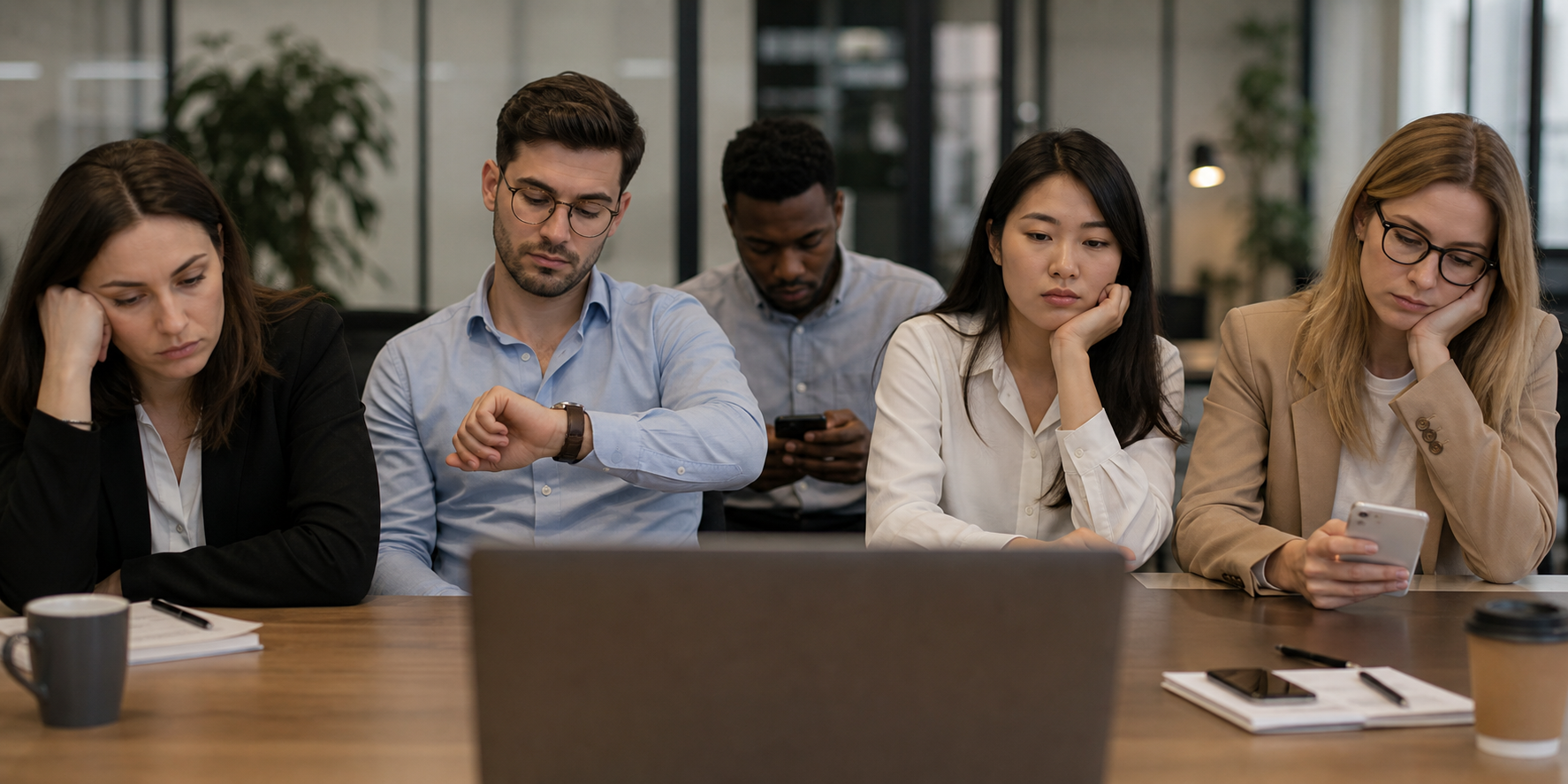 A group of professionals sits in a conference room watching a virtual webinar, looking distracted and checking the time and their phones.  