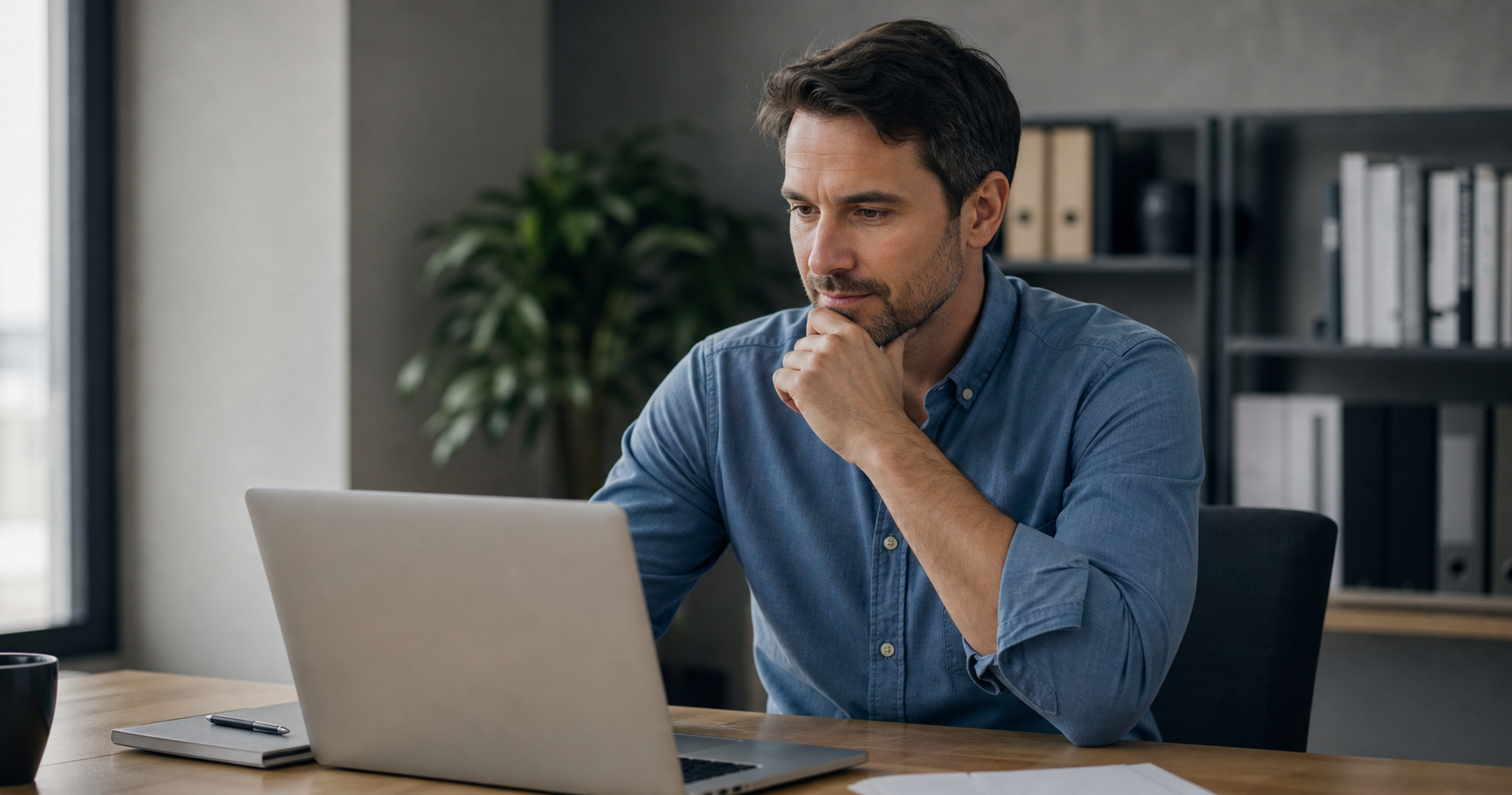 Thoughtful Professional Watching Webinar On Laptop