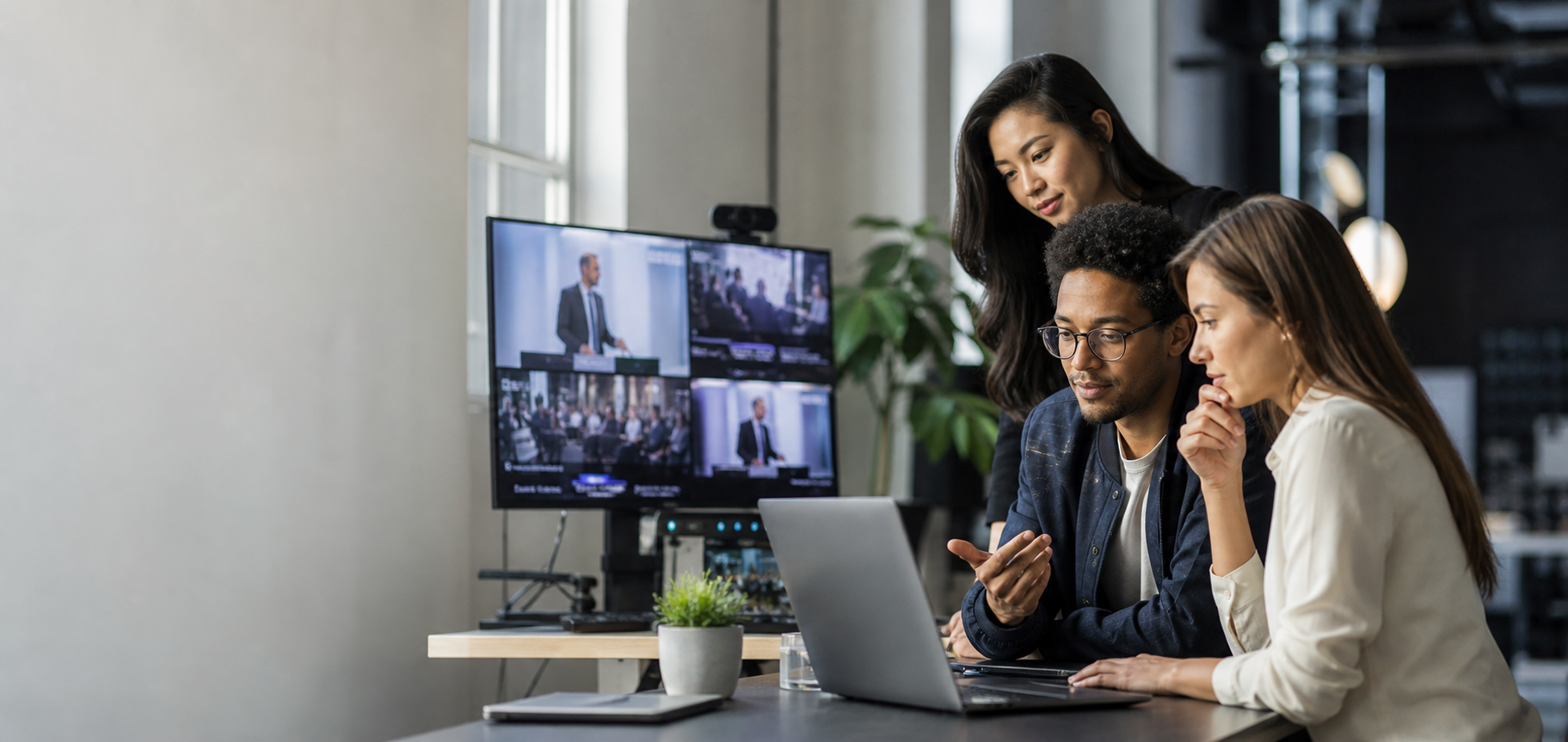 A focused team preparing a virtual event in a modern workspace