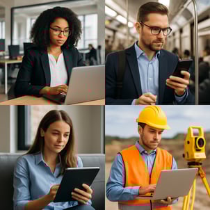 a montage employees in many different setting from office commuting and on a surveying job all learing through a laptiop iphone or tablet