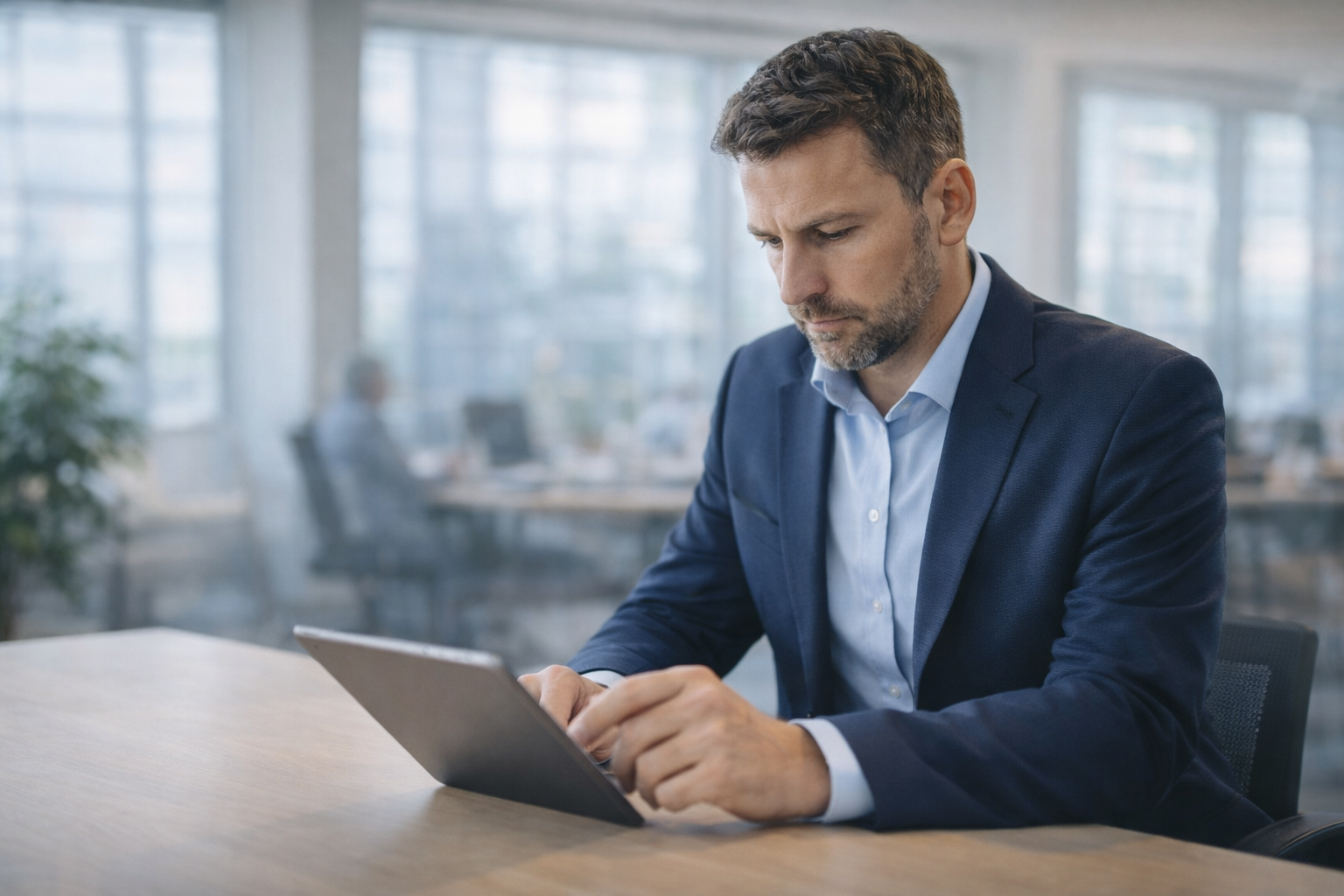 Senior professional reviewing leadership broadcast content on laptop before simulive event goes live