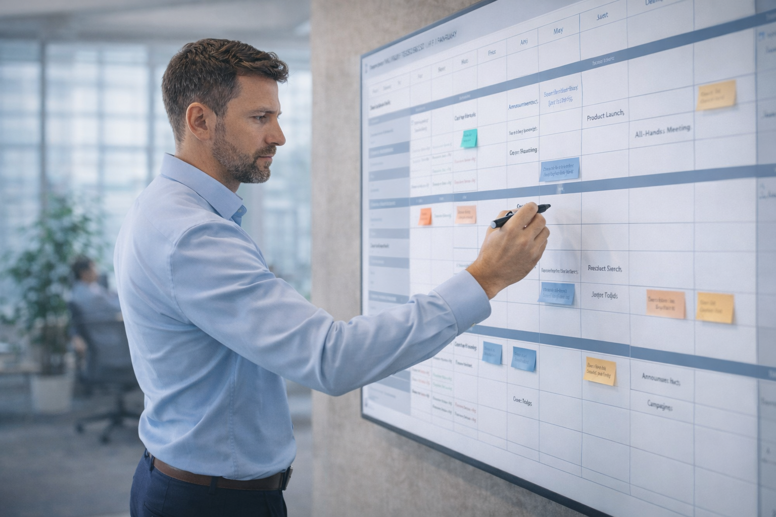 Internal communications manager planning an annual broadcast calendar on a whiteboard in a corporate office