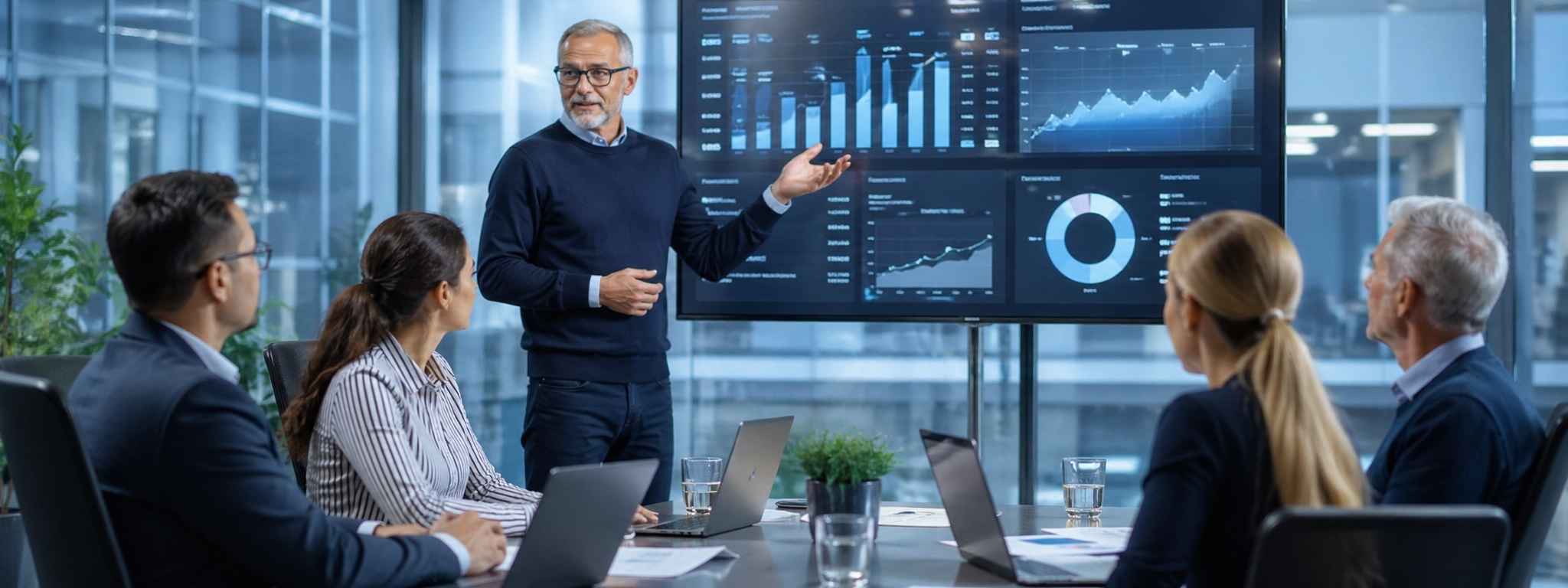 Senior professional presenting internal communications ROI data to leadership team in a modern corporate boardroom