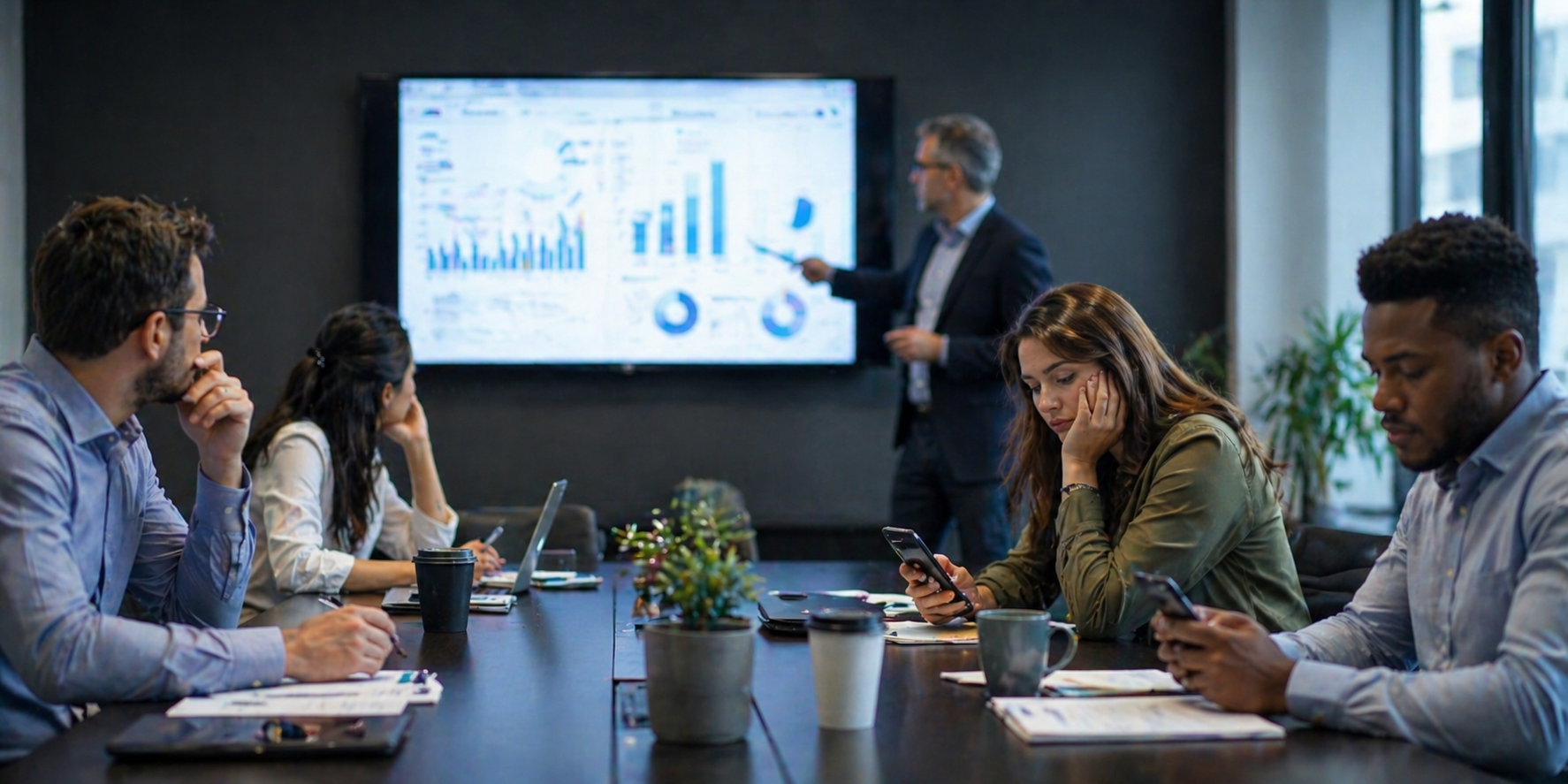Employees in a modern boardroom watching a business presentation while some appear distracted on their phones during a corporate briefing