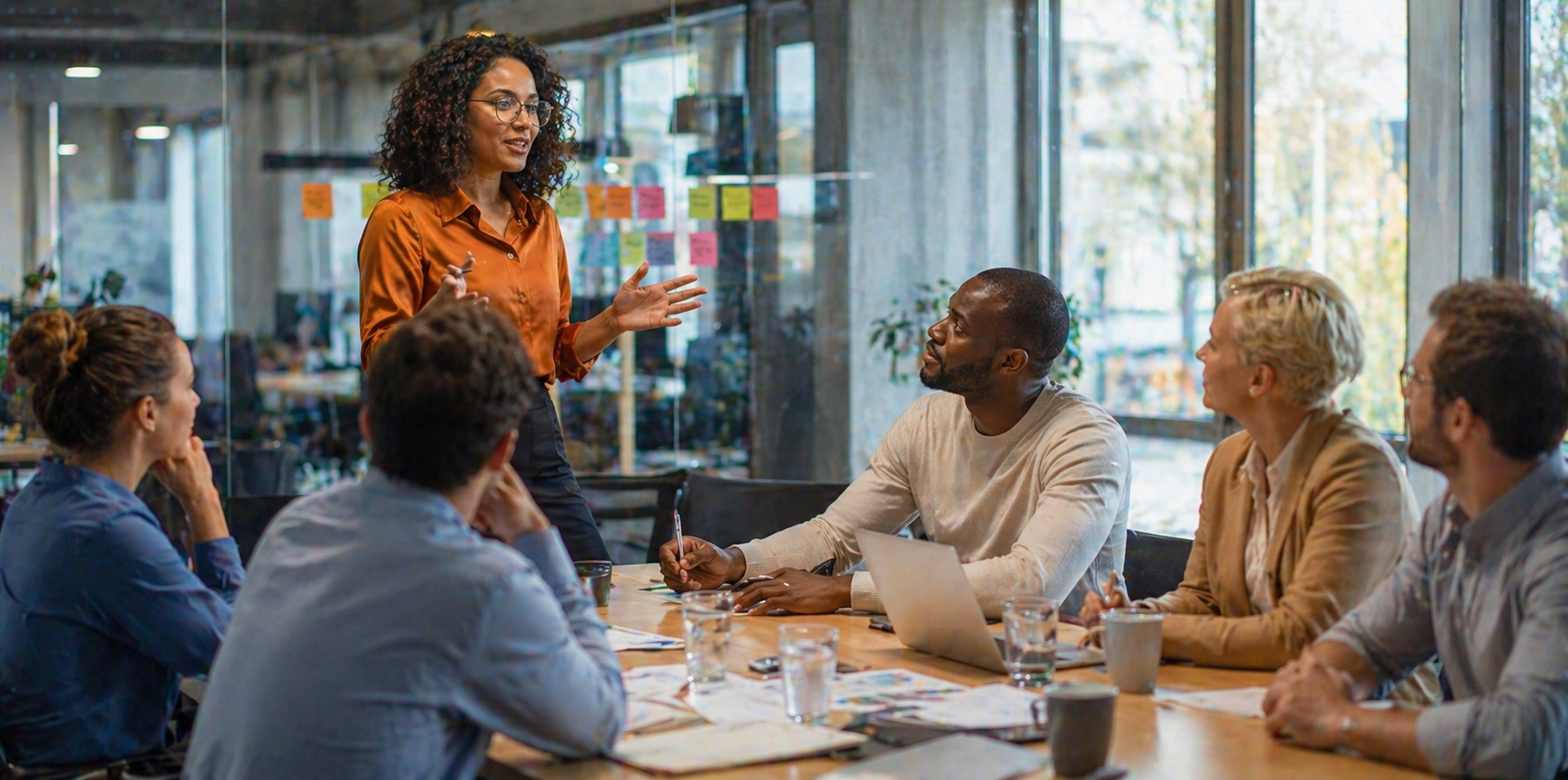 Team meeting in a modern office where a manager communicates organisational change to employees during a collaborative discussion