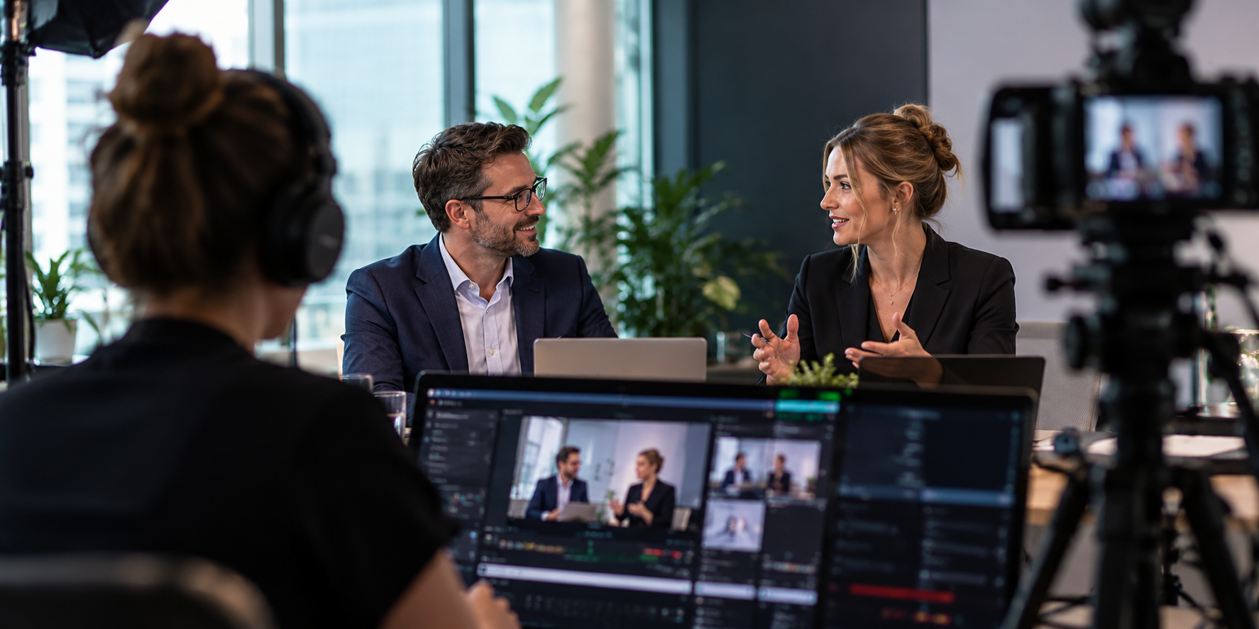 Financial services professionals recording a webinar with a producer and camera setup.