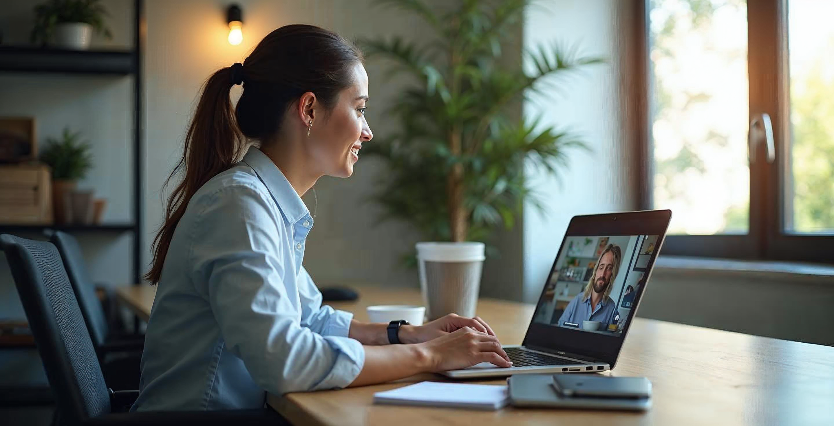 New employee watching on-demand leadership broadcast content in a corporate office during onboarding