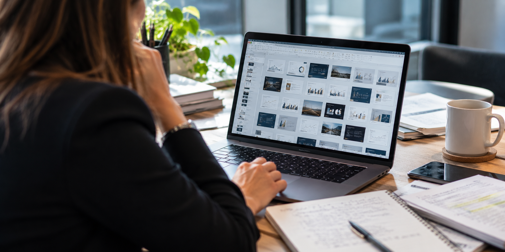 Professional reviewing a financial presentation with multiple slides and charts on a laptop, surrounded by notes and documents at a desk.