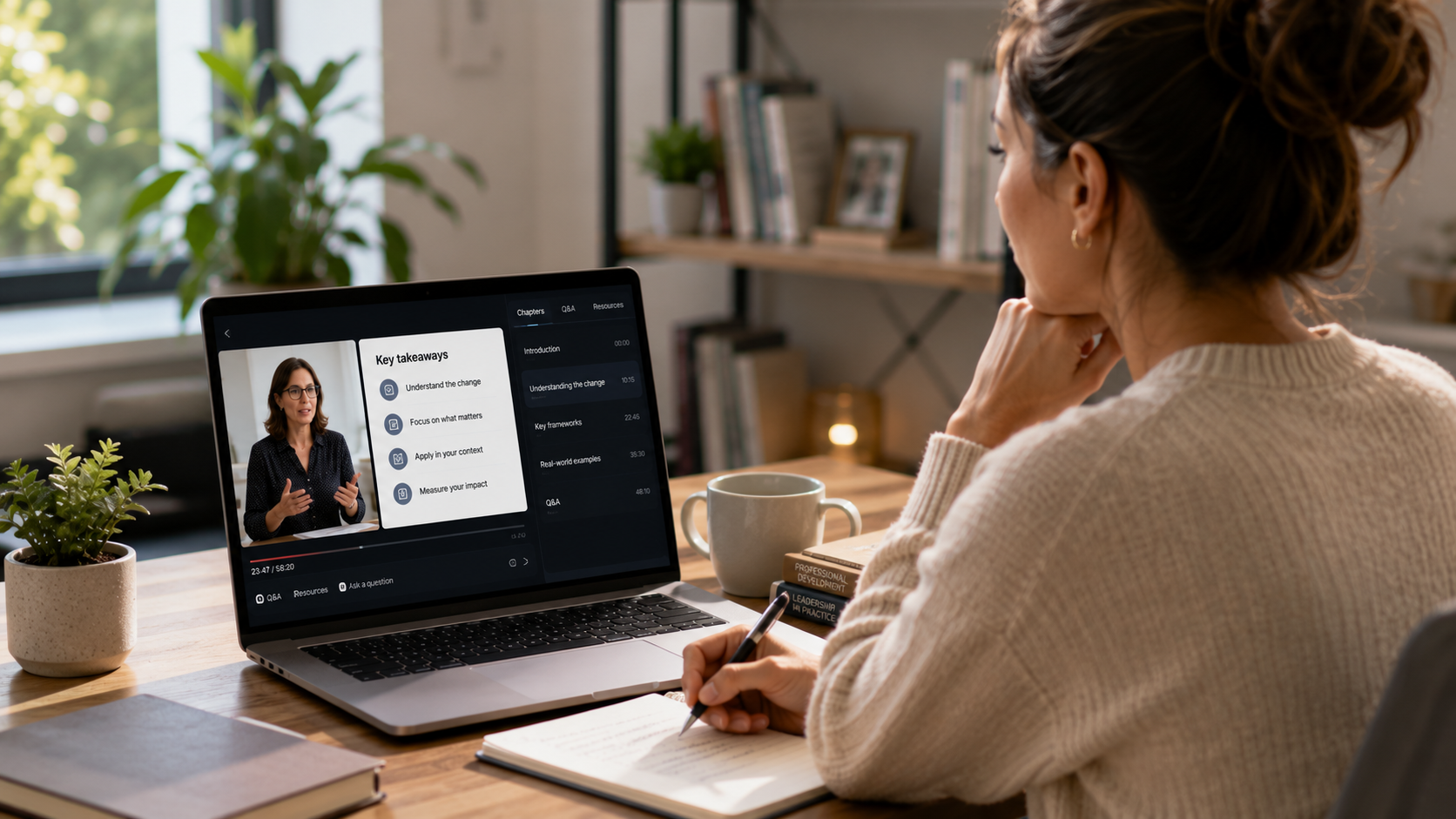 A professional watching an on-demand webinar on a laptop while taking notes in a modern home office, illustrating flexible learning that allows members to engage with educational content at their own pace rather than simply attending a live event.
