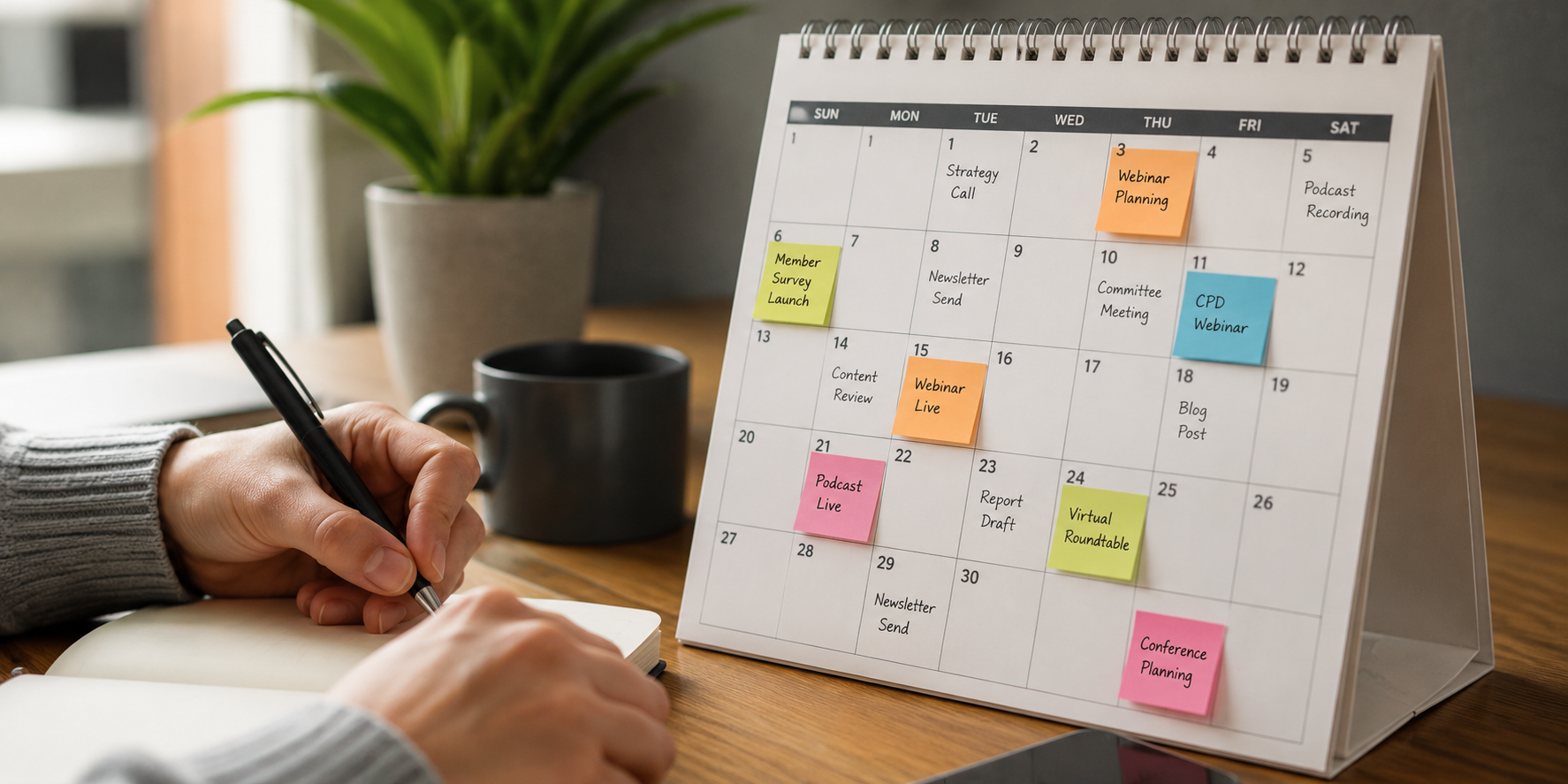 A professional planning future content using a desk calendar filled with notes, sticky reminders and scheduled activities, representing the editorial planning and long-term content strategy associations use to build connected member experiences beyond individual events.