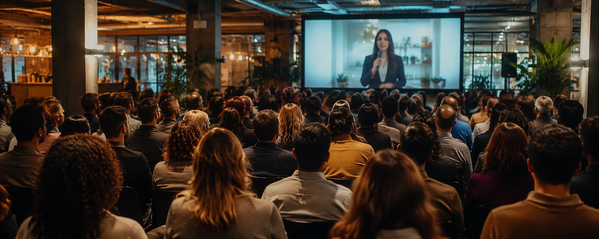 Employees watching an all-staff briefing broadcast in a large corporate setting