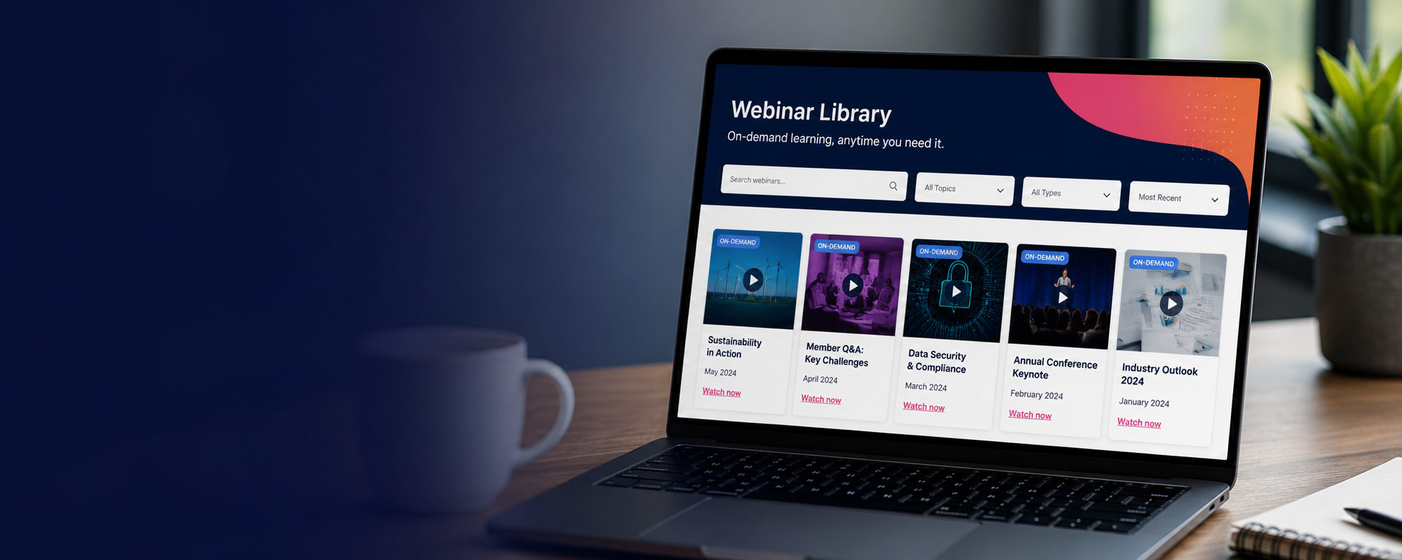 Laptop displaying a searchable webinar library with on-demand webinar recordings, illustrating how associations can create a central knowledge hub for member learning and CPD.