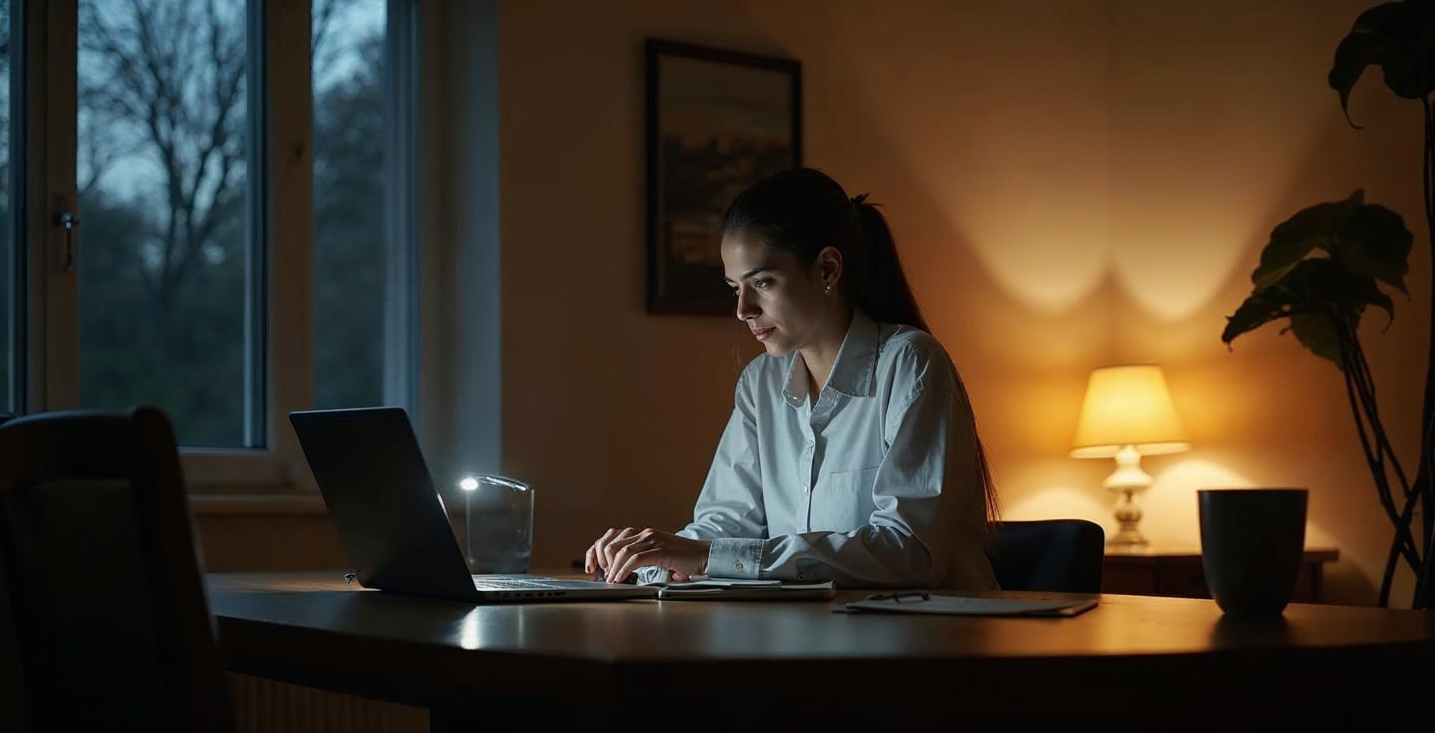 A professional reviewing CPD content on a laptop at home in the evening, illustrating flexible on-demand learning for association members.