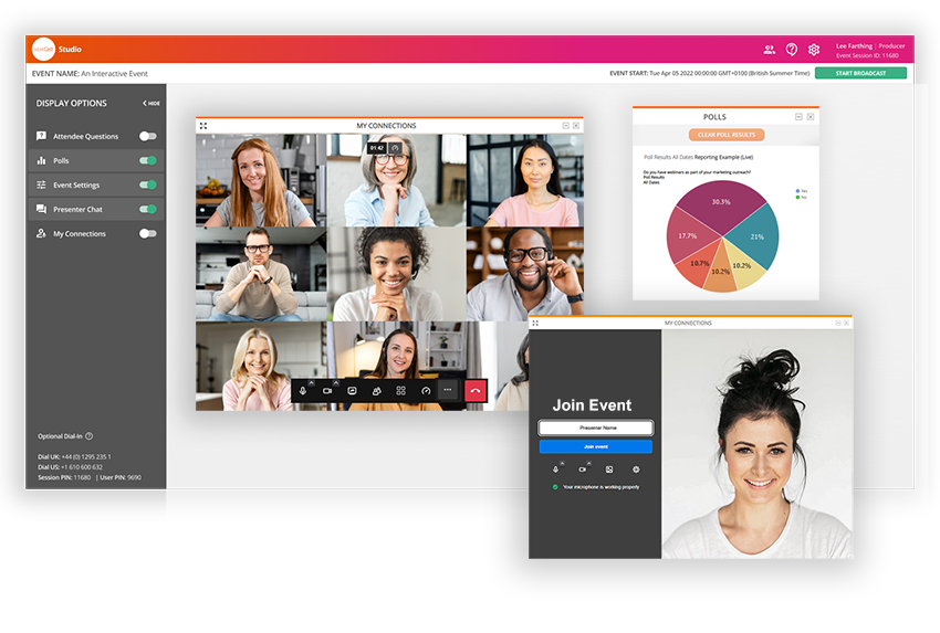 WorkCast Studio showing multiple presenter webcams during a live webinar