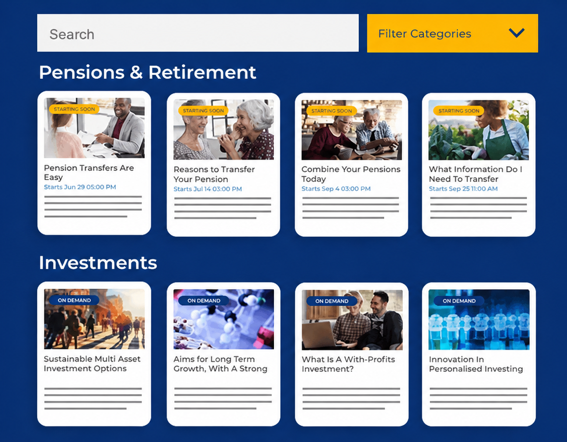 Branded webinar library displaying upcoming and on-demand events across pensions, retirement and investments.