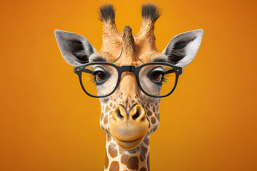 Giraffe wearing glasses with orange background